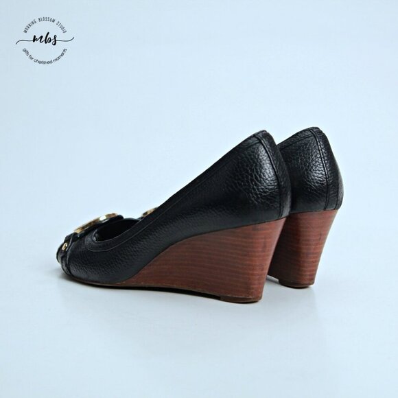 Tory Burch Letitia Leather Peep Toe Wedge Black Gold Women 6.5 - Picture 5 of 13